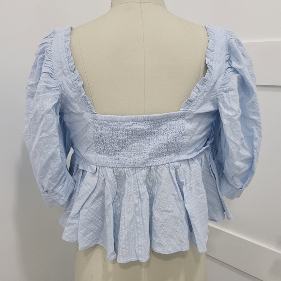 NWOT Free People Women's Ruffle Trim Puffy Sleeves Light Blue Crop Blouse Sz XS - Picture 5 of 13